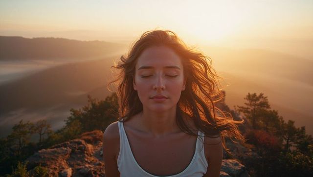 Woman Meditating at Sunrise on Scenic Mountain Ridge