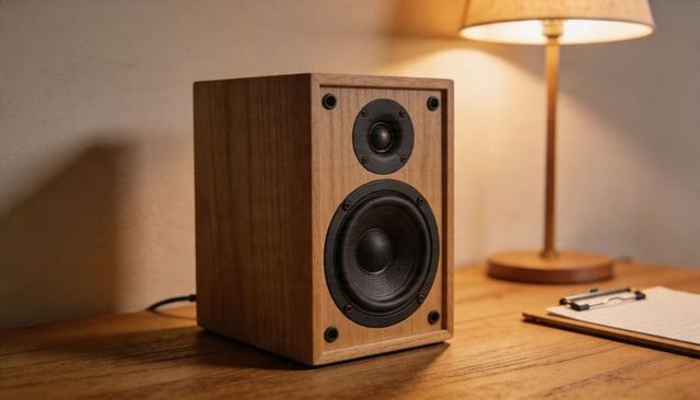 Compact wooden bookshelf speaker with tweeter and woofer on desk beside lamp and clipboard