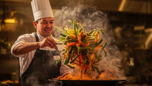 Chef Professionally Cooking Vegetables in a Fiery Wok