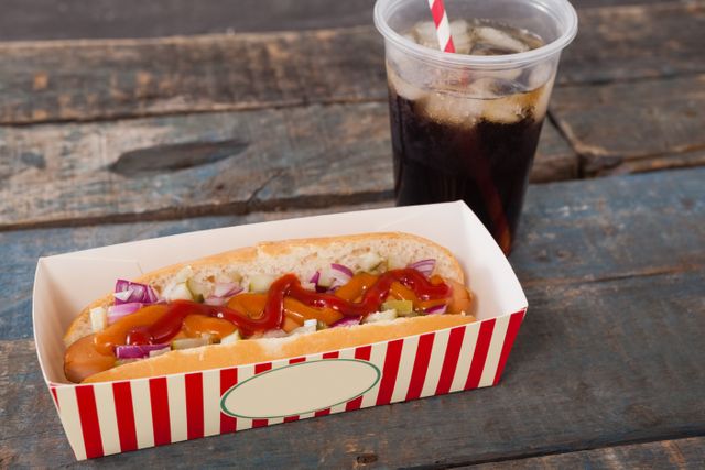 Hot dog with ketchup, mustard, onions, and relish in a striped paper tray next to a cold soda with ice on a rustic wooden table. Ideal for use in food blogs, restaurant menus, fast food advertisements, and culinary websites.