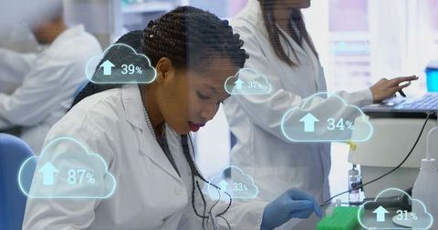Lab researcher pipetting samples with cloud data overlays showing analytics and teamwork