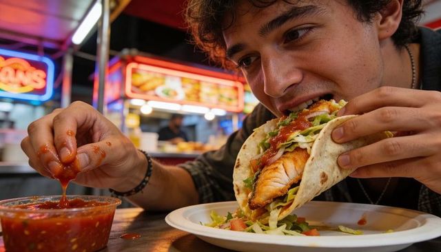 Young man enjoying fish taco at neon-lit street food market, dipping fingers in salsa