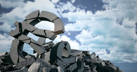 Collapsed Euro Sign Amidst Debris Under Cloudy Sky