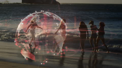 Digital Connections Overlay on Women Enjoying Beach