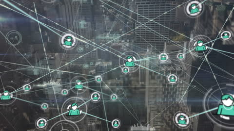 Global Network Connections Visualized Over Urban Landscape