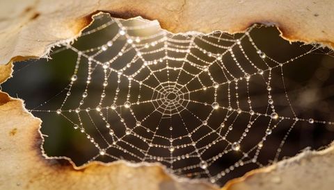 Shimmering dew-covered orb web framed by torn leaf catching morning backlight