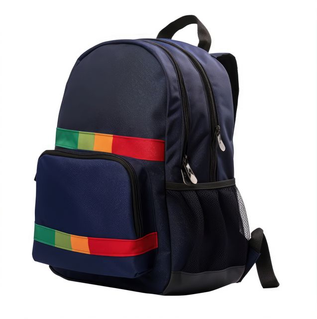 This navy blue backpack features vibrant horizontal stripes and multiple compartments, making it ideal for students, travelers, or daily use. It is versatile enough for holding books, laptops, or travel essentials. Perfect for school, commuting, or casual outings.