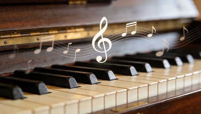 Aged upright piano with chipped ivory keys, weathered wood grain and treble clef overlay