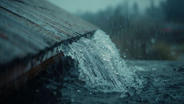 Heavy rainwater cascading off rusted metal roof
