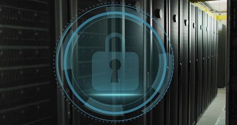 Digital Padlock Security Overlay in Modern Data Center Corridor