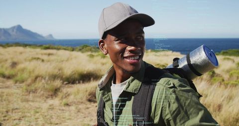 AI and Hiking Fusion: Man Adventuring Outdoors with Digital Overlay