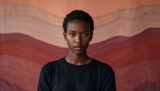 Confident Black woman portrait looking at camera against painted terracotta fabric backdrop