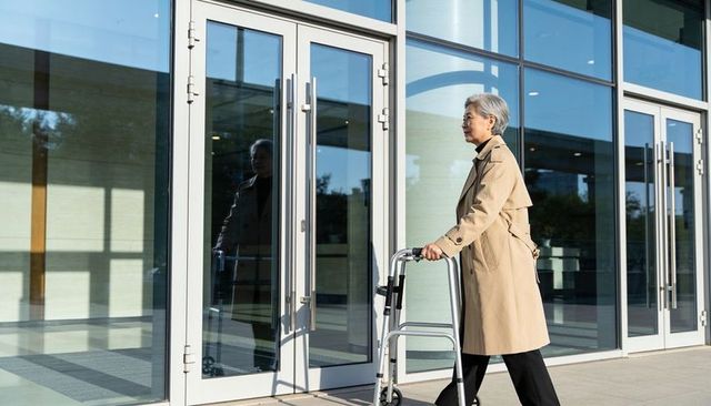 Senior woman walking with rollator toward modern glass entrance wearing beige trench coat
