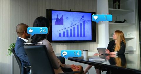 Business team analyzing bar chart with social reactions