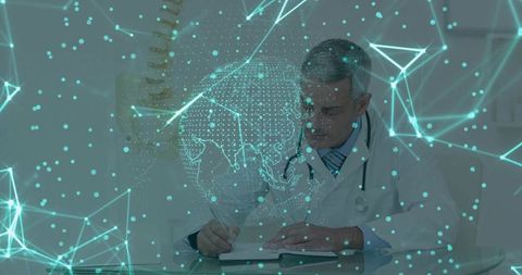Physician writing patient notes with holographic globe and spine model, healthtech concept