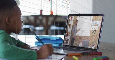 Young boy studying remotely with teacher on laptop whiteboard at home desk