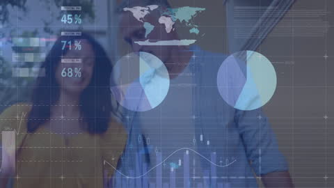 Happy Diverse Couple with Digital Financial Data Overlay