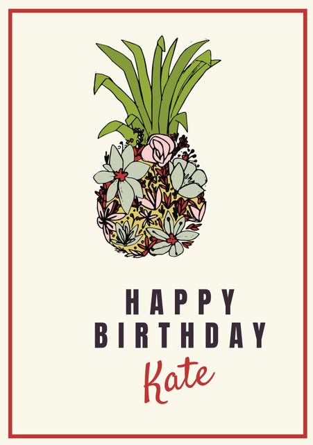 This colorful design features a hand-drawn pineapple decorated with various flowers, perfect for birthday celebrations. The vibrant, tropical theme makes it ideal for summer invites and personalized greeting cards. Great for adding a festive touch to birthdays and special occasions.