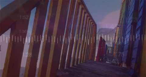 Colorful Beach Huts Overlooking Seaside Vista and Dramatic Blue Sky