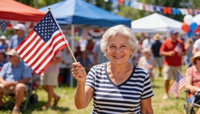 Senior woman smiling waving american flag at outdoor community fourth of july festival