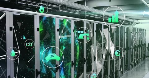 Ecology Icons Overlapping Server Room for Sustainable Technology Concepts - Download Free Stock Images Pikwizard.com
