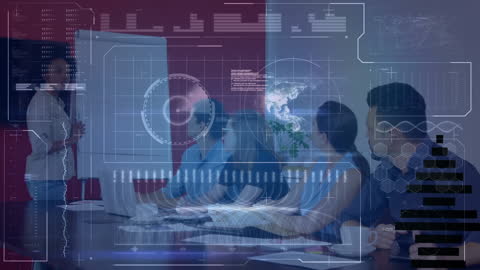 Business Team Analyzing Data with Digital Interface Display