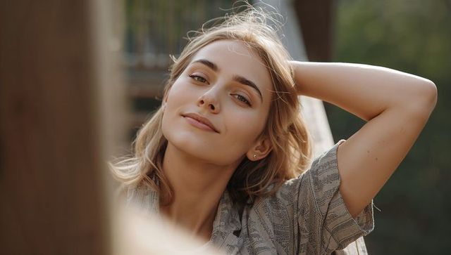 Young woman relaxing in balcony hammock enjoying sunlit outdoor portrait with greenery