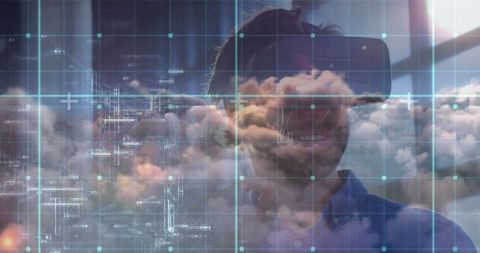 Man Experiencing Virtual Reality Amid Digital Clouds and Futuristic Grid - Download Free Stock Images Pikwizard.com