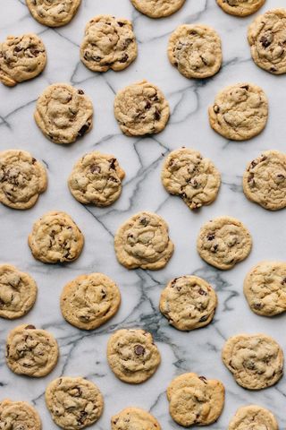Freshly Baked Chocolate Chip Cookies on Marble Background