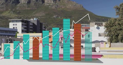Displaying 3d grid bar chart over urban rooftop with mountain backdrop and rising analytics lines