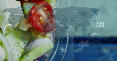 Fruit and Vegetables in Digital World Map Interface Overlay