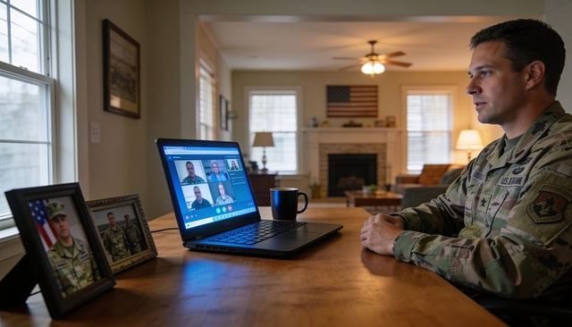 U.s. Army soldier conducting virtual briefing from home with laptop and american flag