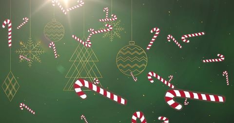 Festive Candy Canes and Snowflakes on Green Background