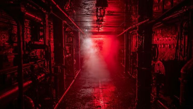 Rising smoke filling red-lit industrial corridor with pipes, gauges and valves