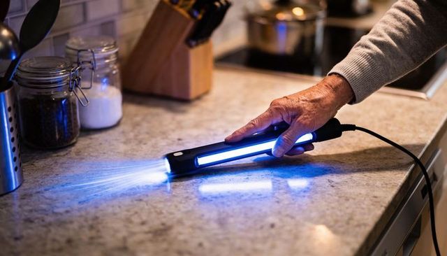 Hand holding plugged uv wand sanitizing kitchen countertop with blue germicidal light