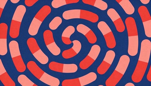 Spiraling two-tone capsule pattern creating dynamic concentric geometric abstract design