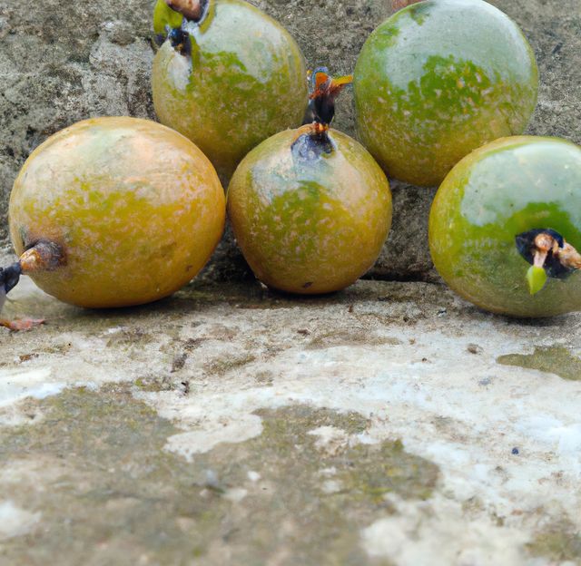Close up of fresh and ripe passion fruit on stone. Nature, fruit and food concept.