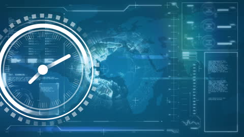Animated Clock Over World Map and Data Graphics