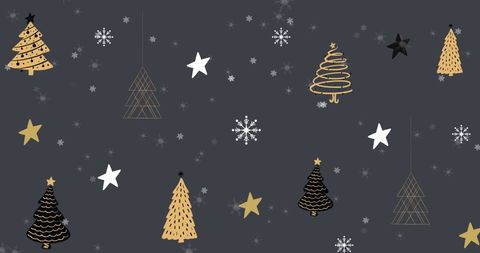 Christmas Pattern with Trees, Stars, and Snowflakes on Grey