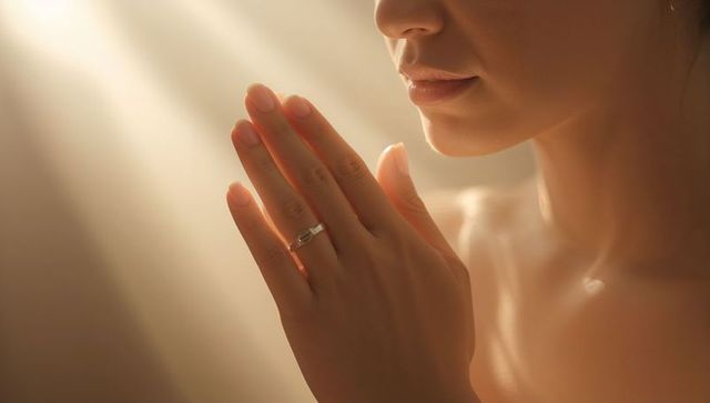 Woman Praying with Hands Pressed, Wearing Ring, Warm Sun Rays, Intimate Mindfulness