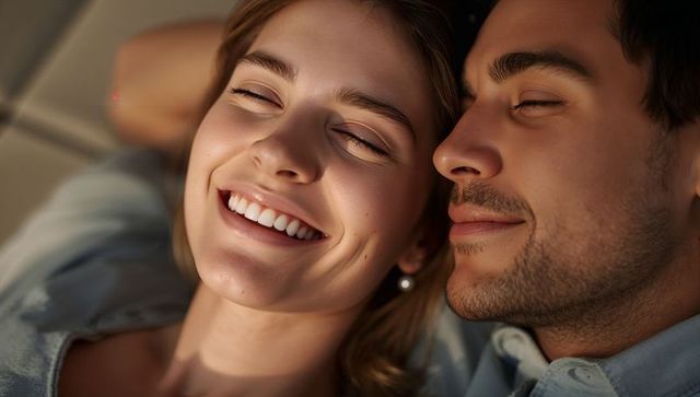 Smiling couple sharing tender intimate moment while lying close on sofa in soft warm light