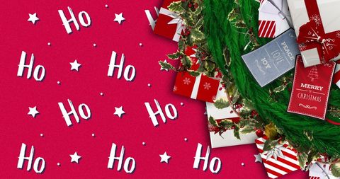 Festive Christmas Decorations with Gifts and Joyful Text