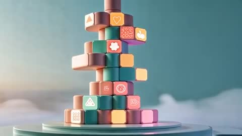 Pastel Cube Tower with Iconography Spinning Above Clouds
