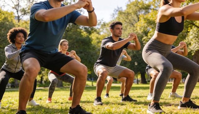 Morning outdoor group fitness class doing squats in park — bootcamp training for adults