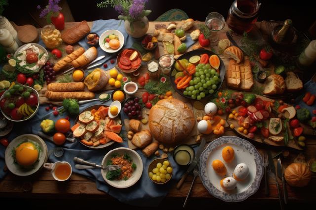 Image displays a lavish breakfast spread with an assortment of colorful fruits, pastries, bread, eggs, and other delicacies on a rustic wooden table. Perfect for use in articles related to healthy eating, gourmet meals, food blogs, or restaurant advertisements.