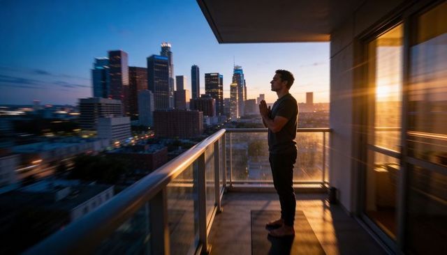 Man practicing meditation on glass balcony at sunset overlooking city skyline