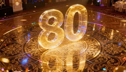Glowing gold 80 sculpture on ornate circular dance floor for luxury anniversary gala