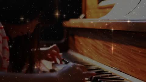Young Pianist Practicing Melody on Keyboard with Sparkling Overlay