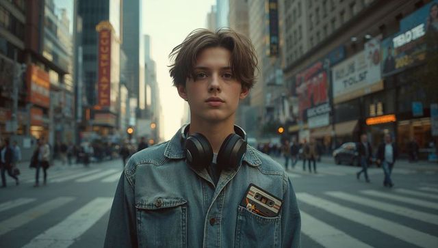 Stylish Teen Stands in Bustling City Crosswalk at Dusk