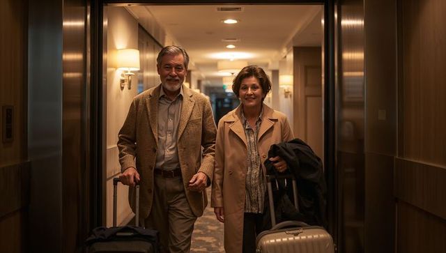 Senior couple walking from hotel elevator with wheeled suitcases, smiling and traveling
